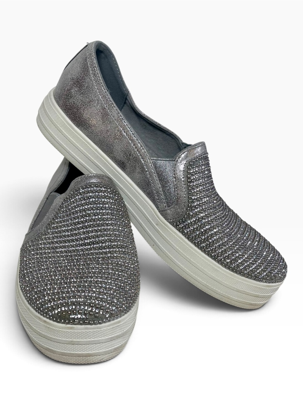 Skechers Women Double Up Shiny Dancer Slip On Matte Rhinestone Pewter Bling 8